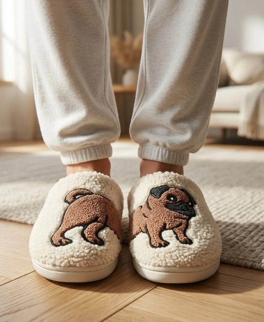 peluş pug figürlü sıcak tutan ev terliği
